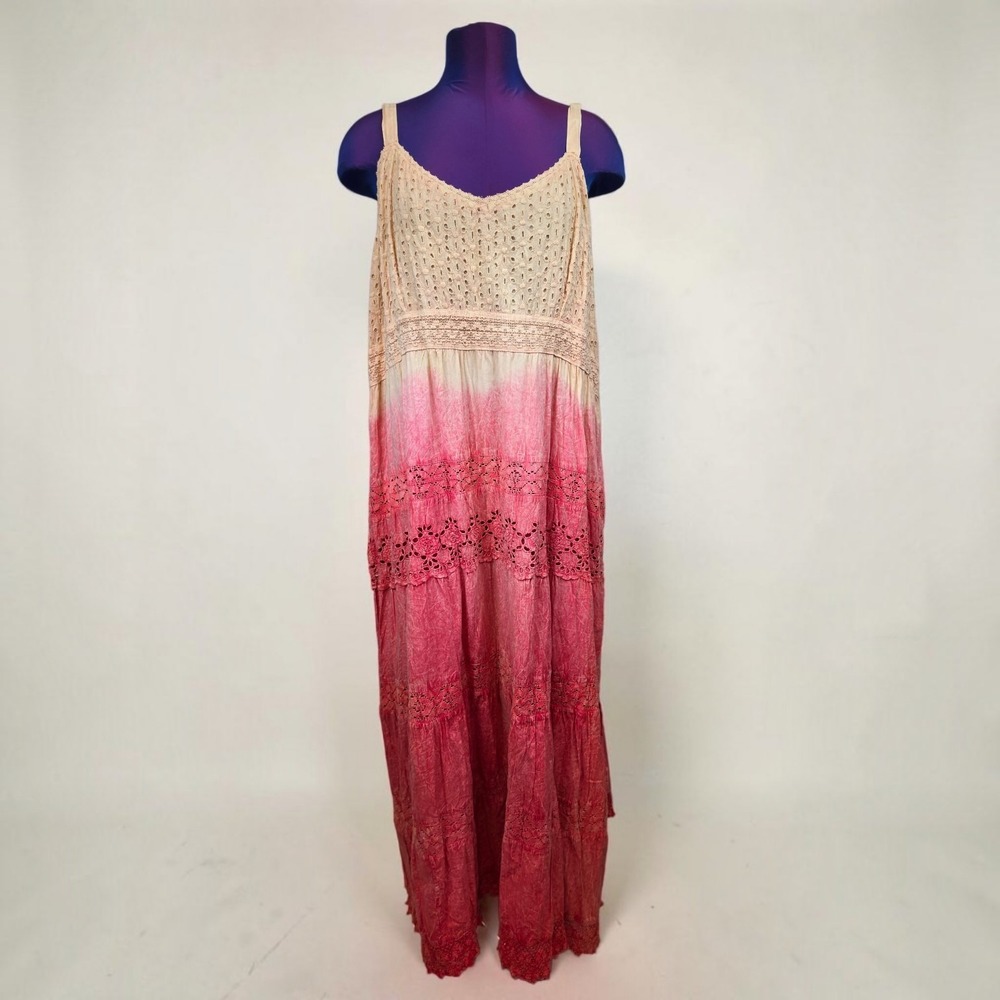 Seventh Ave Women Pink Ombre Eyelet Lace Cotton Maxi Dress Plus Size 3X Boho